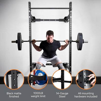 PRx Performance Wall Mounted Folding Power Squat Rack - Heavy Duty Adjustable Pull Up Bar, Space Saving Home Gym Equipment with Durable J-Cups, Ideal for Weight Lifting and Strength Training - Black