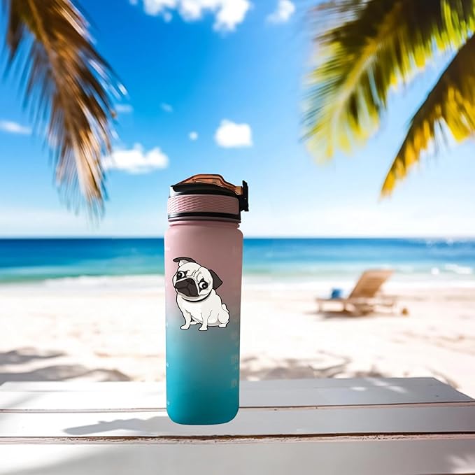 Pug Dog 32 oz Water Bottle with Times Marker to Drink and Straw, Carrying Strap, Leakproof BPA-Free, Ensure You Drink Enough Water for Fitness, Gym, Camping, Outdoor Sports