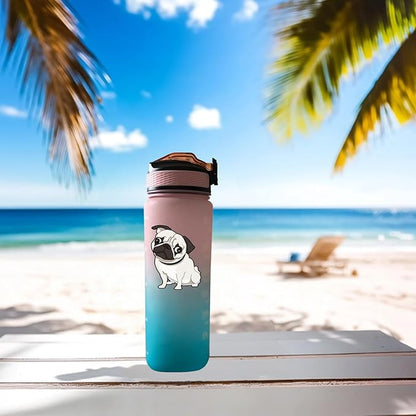 Pug Dog 32 oz Water Bottle with Times Marker to Drink and Straw, Carrying Strap, Leakproof BPA-Free, Ensure You Drink Enough Water for Fitness, Gym, Camping, Outdoor Sports