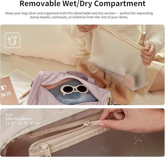 Aji Foldable Travel Duffel Bag for Women with Shoes Compartment, 3 in 1 Carry on Gym Bag with Removable Dry Wet Bag, Lightweight&Water Resistant Duffel Bag for Travel,Sports&Workout, Soft Pink
