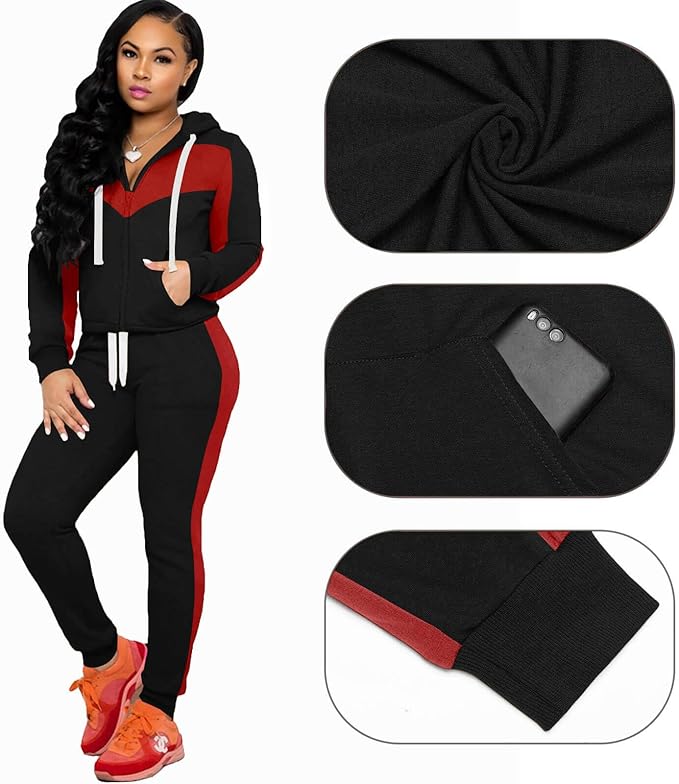 CLOCOR Track Suits for Women Set - Casual 2 Piece Outfits Sweatsuit Pocket Hoodies Long Sleeve with Patchwork Pants Set