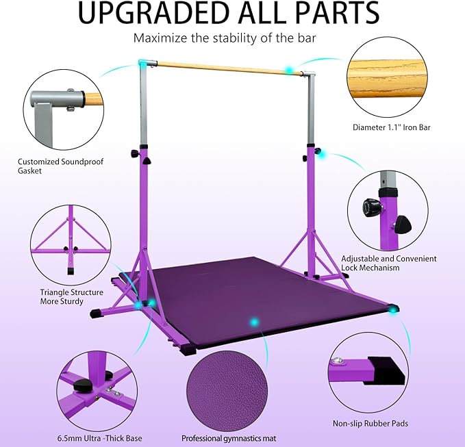 86 York Gymnastics Bar for Kids Ages 3-20, 5FT Base Length, 42" to 63" Adjustable Height, Horizontal Bar, Kip Bar for Gymnast, Gymnastic Training Equipment for Home, Gym Center