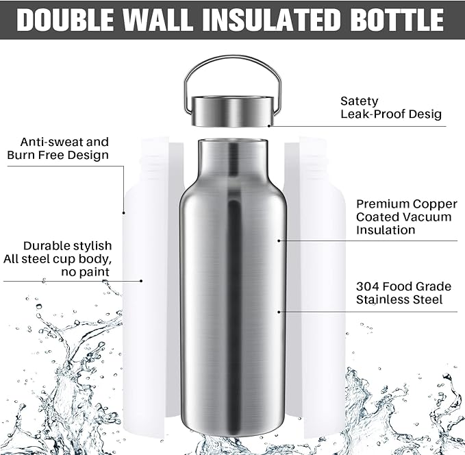 Cunhill 10 Pack Reusable Stainless Steel Water Bottle Bulk Double Wall Insulated Sports Water Bottle with Handle and Vacuum Seal Leakproof Lid for Sports Cyclists Hiking Gym Camping Gift(White,17 oz)