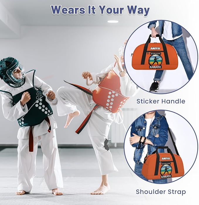 Custom Name Taekwondo Karate Duffle Bag for kids Boy Girls - Personalized Martial Arts Gear Bag, Water-Resistant Sparring Equipment Bag, Karate Orange