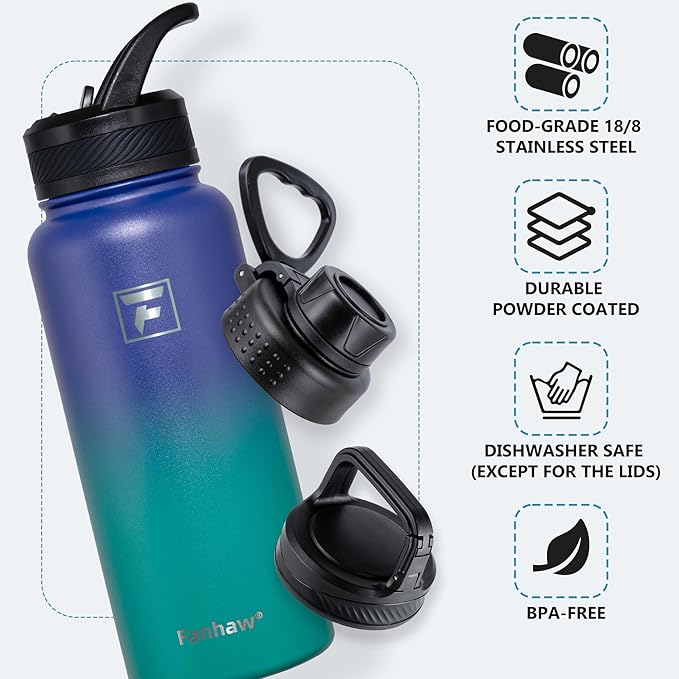 Fanhaw 32 oz Insulated Water Bottle – Portable Stainless Steel Flask with 3 Lids (Straw, Spout, Carabiner) | Leakproof, for Gym, Hiking, Work, Travel & Everyday Use (Purple Green)