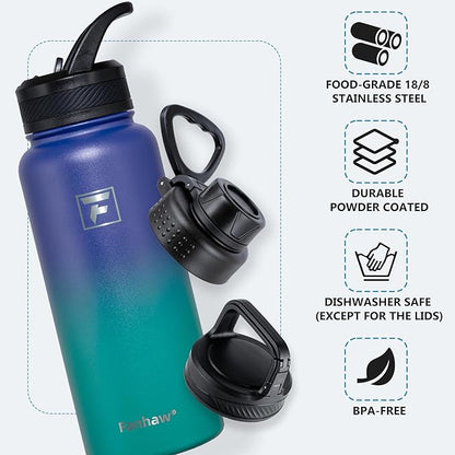Fanhaw 32 oz Insulated Water Bottle – Portable Stainless Steel Flask with 3 Lids (Straw, Spout, Carabiner) | Leakproof, for Gym, Hiking, Work, Travel & Everyday Use (Purple Green)