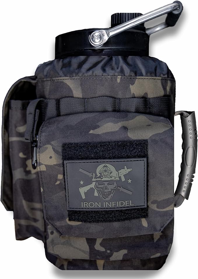 Iron Infidel Battle Bottle - One Gallon Insulated Water Bottle with Dual Carry Handles - 128 oz Tactical Stainless Steel Water Jug & Rugged Extra Large Sleeve with Storage (Black Camo 128 Ounces)