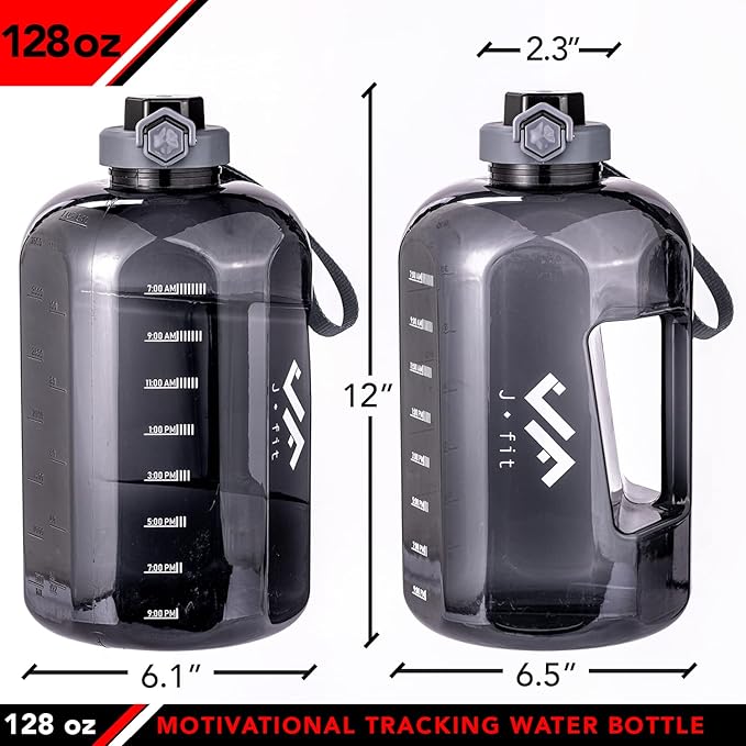 JFIT BPA Free Reusable Sports Water Bottle w/Time Markers, Leakproof Flip-Top Lid & Carry Strap – Durable PETG, 2.28" Wide-Mouth for Ice – Eco-Friendly, Odor-Free & Easy to Clean