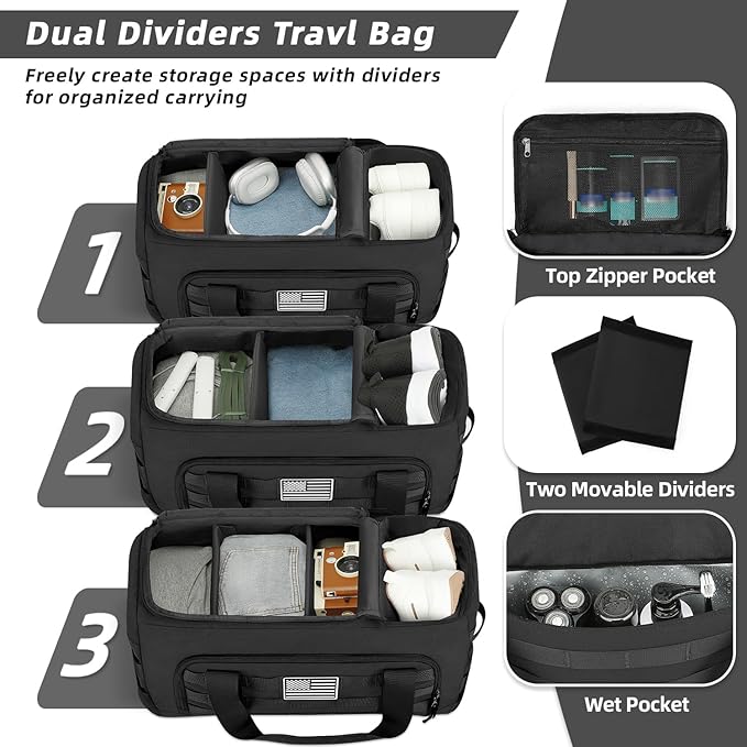 ZOMFELT Tactical Gym Bags for Men, 22x14x9 Carry On Luggage Duffle Bag for Travel, 3-in-1 Sports Basketball Soccer Bag with Removable Dividers & Shoe Compartment, Weekender Overnight Travel bag, Black