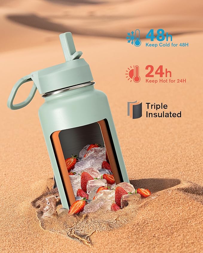 Coolflask Water Bottle 40 oz Insulated with Straw, Stainless Steel Metal 3 Lids Water Flask for Sports or Office, Keep Cold 48H Hot 24H, Grey Green