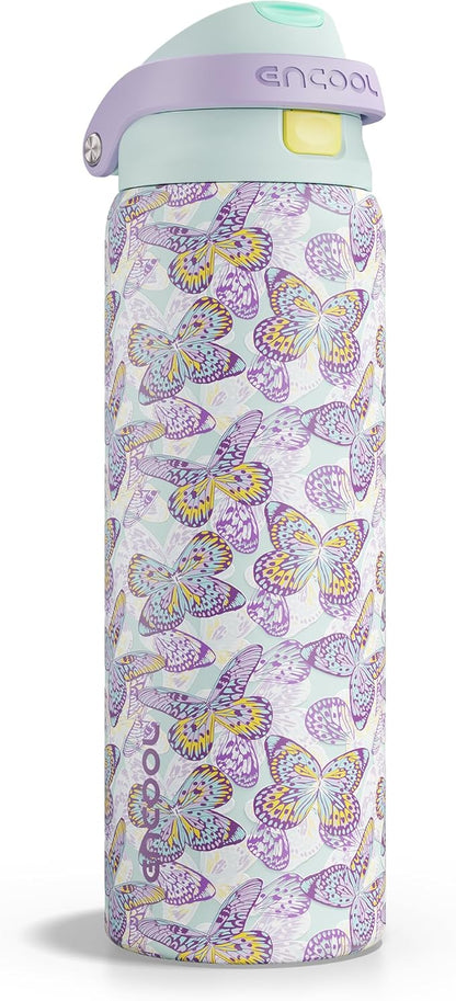 ENCOOL Leakproof Insulated Water Bottle with Straw Dual-Sip Water Bottle Bag-Safe Design for Work, Commute & Gym – Keeps Drinks Cold All Day, 32 oz, Mosaic Butterfly