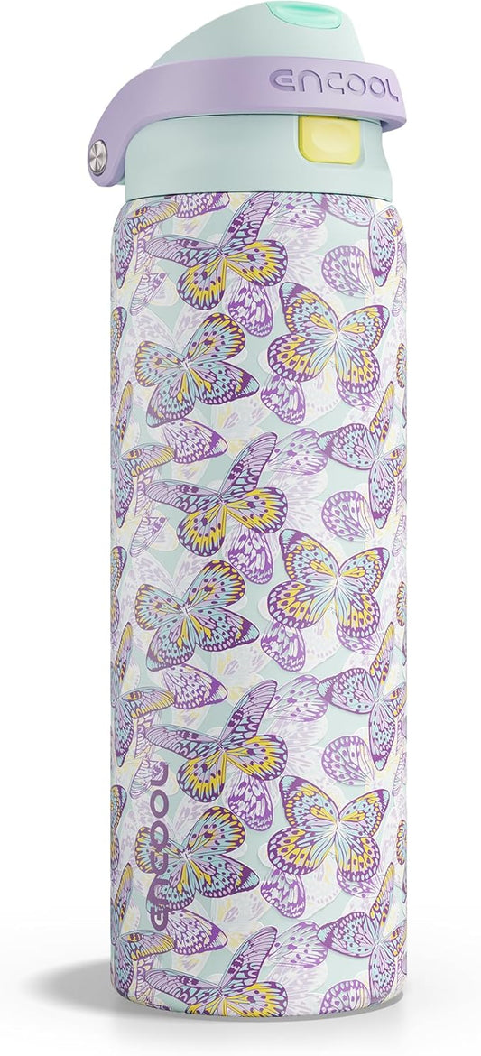 ENCOOL Leakproof Insulated Water Bottle with Straw Dual-Sip Water Bottle Bag-Safe Design for Work, Commute & Gym – Keeps Drinks Cold All Day, 32 oz, Mosaic Butterfly