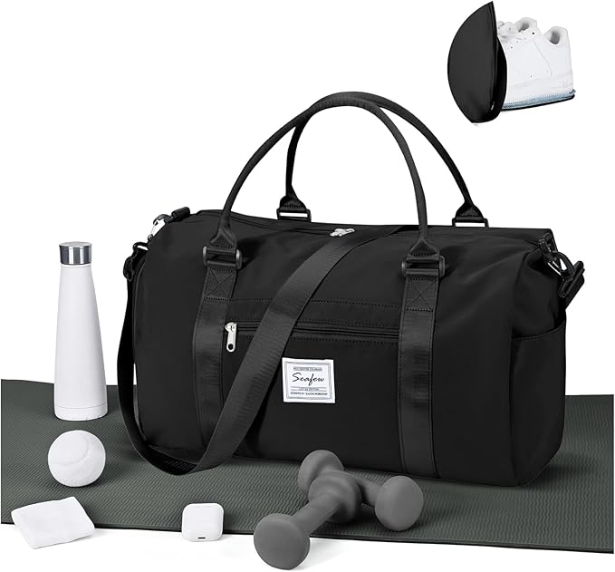 Gym Bag for Women Men with Shoes Compartment Sports Duffle Bag Personal item travel Duffel Bags Small Carry on Weekender Overnight Tote Bags Workout Dance Bags Hospital Holdalls Black