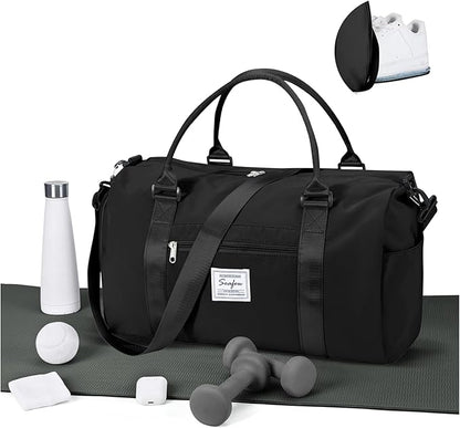 Gym Bag for Women Men with Shoes Compartment Sports Duffle Bag Personal item travel Duffel Bags Small Carry on Weekender Overnight Tote Bags Workout Dance Bags Hospital Holdalls Black