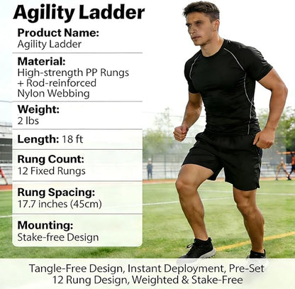 Tangle-Free Agility Ladder Speed Training Equipment - 2lbs Heavy Duty Design with 12 Fixed Rungs - 18ft Connectable Quick Setup Footwork Drill Gear for Soccer, Football, Boxing (Storage Bag Included)