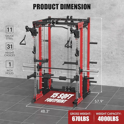 FAGUS Commercial Smithe Machine with Dual Weight Stacks, Power Cage Squat Rack with Lever Arm & Leg Press Attachment, Multi-Function Linear Bearing Cable Crossover Machine for Home Gym