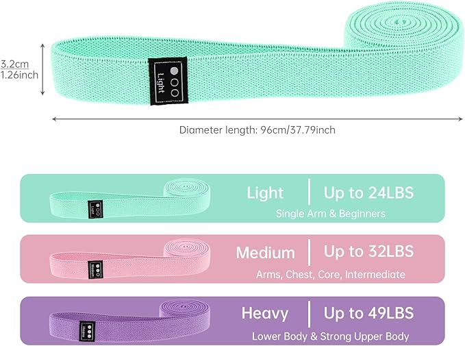 Fabric Resistance Bands - 3-Pack Set, Long Cloth Exercise Bands for Home Workout Strength Training, Yoga & Pilates | with Storage Bag