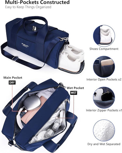 Sports Small Gym Bag for Women and Man, Cute Mini Duffle Bag with Wet Pocket & Shoes Compartment, Personal Item Travel Workout Bag, 16"-Small, Navy