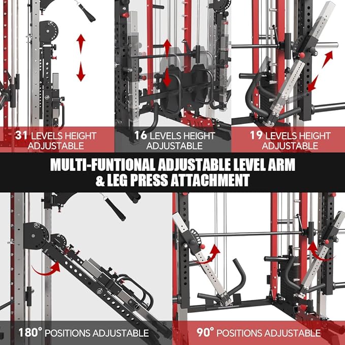 FAGUS Commercial Smithe Machine with Dual Weight Stacks, Power Cage Squat Rack with Lever Arm & Leg Press Attachment, Multi-Function Linear Bearing Cable Crossover Machine for Home Gym