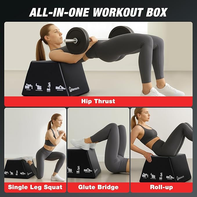 WARMOUNTS Hip Thrust Bench, Multi-Functional Hip Thrust Machine for Strength Training, Glute Bridge Box with Handle, Non-Slip Pad and Smooth Rim Design, for Home and Gym, 700LB Load Capacity