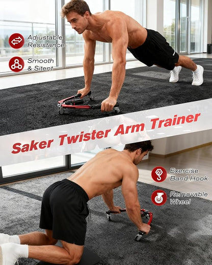 Saker Twister Arm Trainer, 3-in-1 Hydraulic Chest Workout Equipment with Ab Roller Wheel, Adjustable 22-440lbs Arm Trainer for Men & Women, Home Gym for Full Body Training
