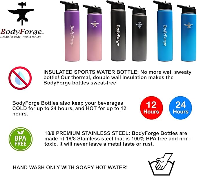 BodyForge Sports Water Bottle - 24oz, 3 Lids & Straw Lid, Leak Proof Stainless Steel Gym & Sport Bottles for Men, Women & Kids - Double Walled, Insulated Thermos, Metal Canteen