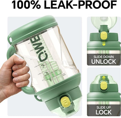 QWE Gym Plastic PPSU Water Bottles for men with Straw and Handle,Lightweight,54oz Large High-capacity for Hiking&Camping,Heat-resisting,Reusable, BPA Free,Double Drinking,leak proof(Green)