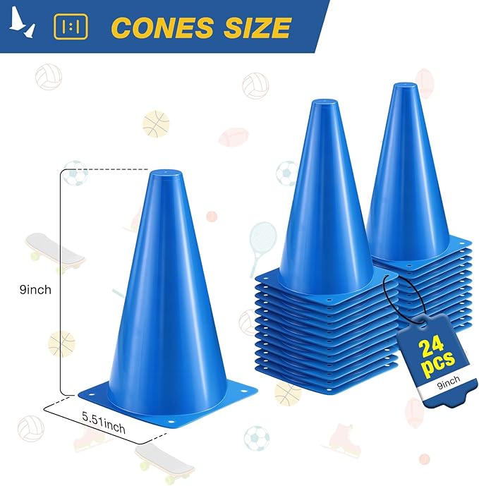 24pcs Cones 9 Inch Soccer Cones and Plastic Traffic Cones, Durable Cones for Sports Training, Ideal for Soccer, Basketball, Football, Skating, and Agility Drills Practice