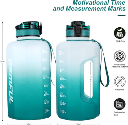 GEMFUL 2.2L Gym Water Bottle with Strap Half Gallon Motivational Jug for Workout Outdoor BPA-Free Leakproof Sports Bottle 74oz (Cyan no Straw)