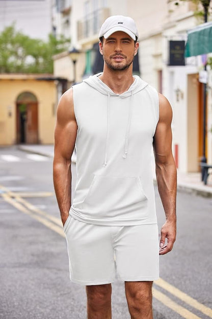 COOFANDY Mens Sleeveless Workout Hoodie Shorts Set 2 Piece Outfits Hooded Tank Tops Gym Tracksuit Sweatsuits
