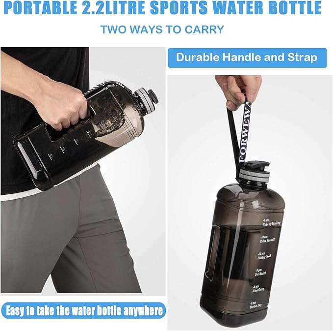 Water Bottle 2.2 Litre Triangular Extra-Strong 100% Leak proof Eco Plastic BPA Free 2.2L Large Half Gallon Gym Water Jug with Handle Time Marking (2.2L Black)