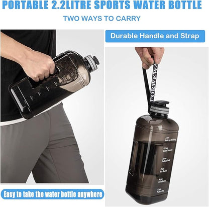Water Bottle 2.2 Litre Triangular Extra-Strong 100% Leak proof Eco Plastic BPA Free 2.2L Large Half Gallon Gym Water Jug with Handle Time Marking (2.2L Black)