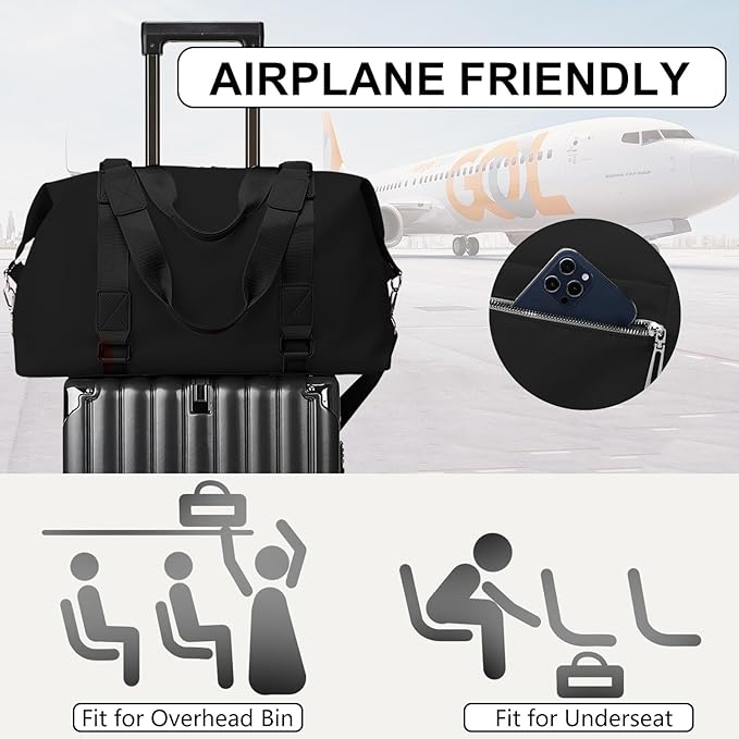 Gym Bag for Women Weekender Carry on Bags Dance Yoga Tote Travel Duffle Personal Item Bag with Wet Pocket Toiletry MakeupBag for Men Sport Trips Hospital Black