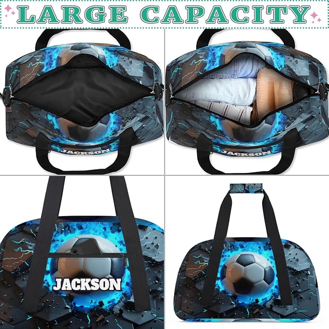 Personalized Boys Soccer Gym Duffel Bags for Kids with Custom Name Sport Training Travel Bags for Overnight Weekender