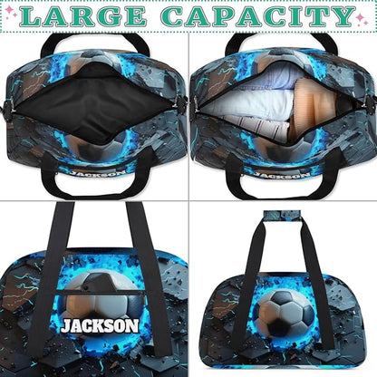 Personalized Boys Soccer Gym Duffel Bags for Kids with Custom Name Sport Training Travel Bags for Overnight Weekender