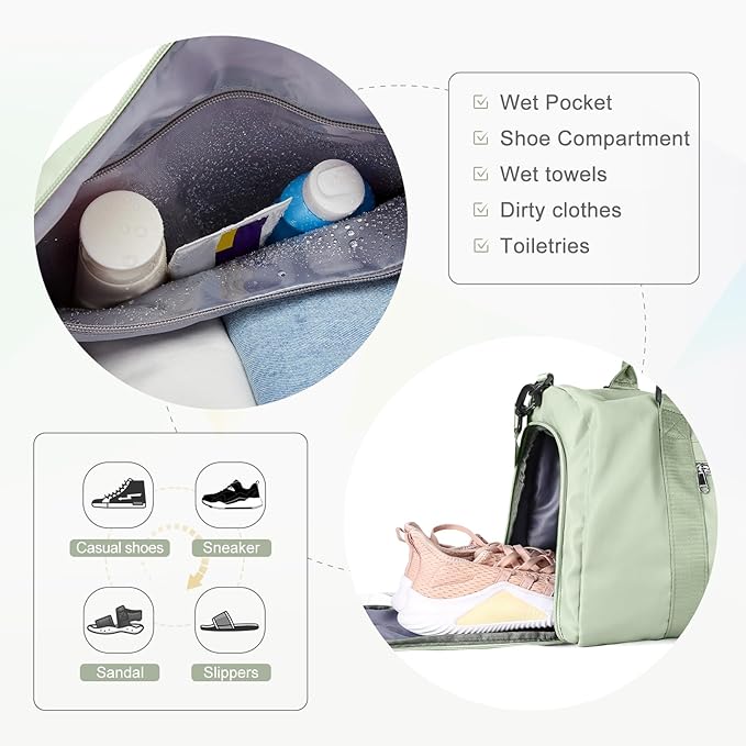 Gym Bag for Women with Shoes Compartment,Small Duffel Bag Sport bag with Toiletry Bag Overnight Travel Tote Bags Weekender Carry on Bag Personal Item Bags for Airlines Grass Green