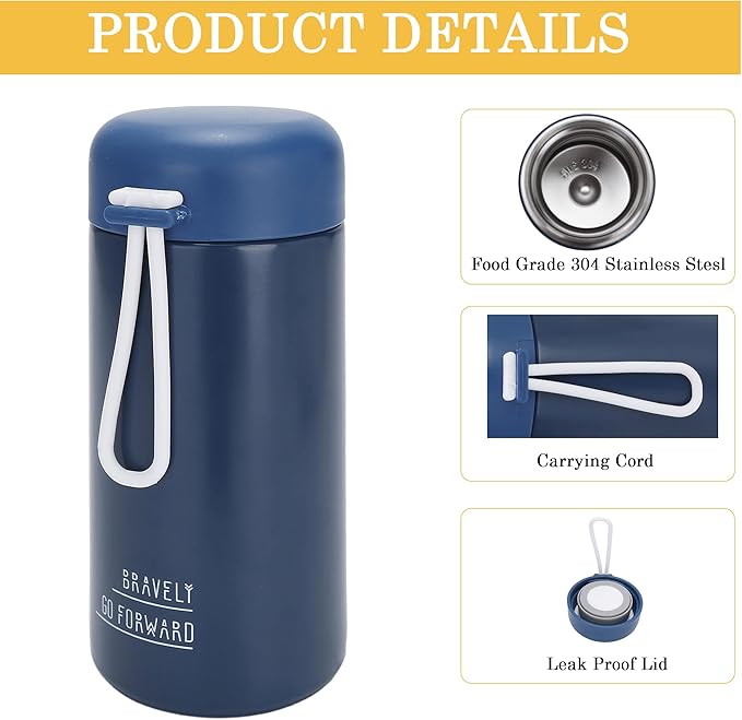 9oz Water Bottle Small Double Wall Insulated Mug,304 Stainless Steel for Hot&Cold Drinks,Leak Proof Water Bottle Vacuum Insulation with Carry Handle Dark Blue