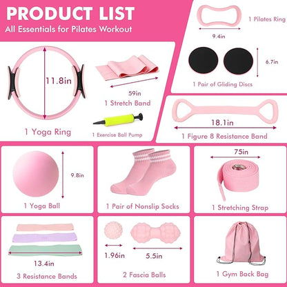 Pilates Equipment Kit for Home Workouts, Home Pilates Essentials Kit for Women with Pilates Ring and Ball Set, Resistance Bands, Yoga Strap, Core Sliders, Massage Ball & Socks Accessories for Starter