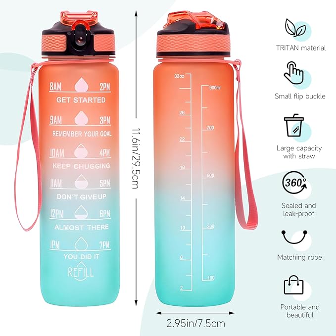 32 oz Water Bottles with Times to Drink and Straw, Motivational Water Bottle with Time Marker, Leakproof & BPA Free, Drinking Sports Water Bottle WIth Hand Strap for Fitness, Gym & Outdoor (orange)