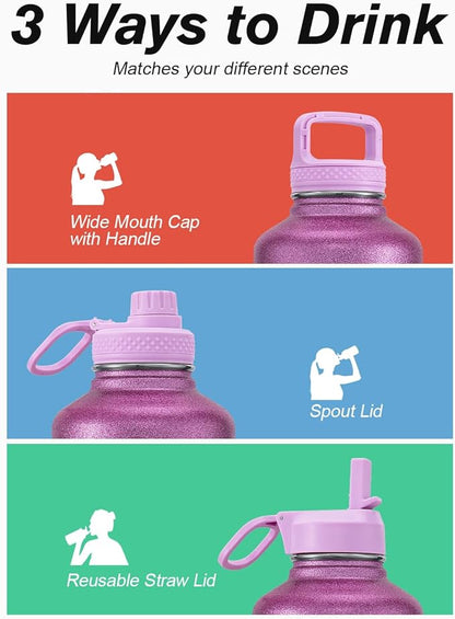 Coolflask Half Gallon Water Bottle Insulated with Straw & 3 Lids, 64 oz Water Jug Large Metal Stainless Steel Wide Mouth for Sports, Gym or Office, Non-BPA Keep Cold 48H Hot 24H, Glitter Pink