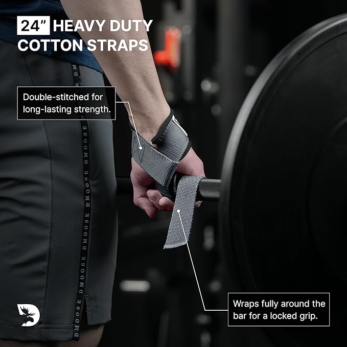 DMoose Fitness Lifting Straps 24" (Pair) - 5mm Padded Durable Wrist Straps for Weightlifting & Powerlifting - Cotton Lifting Strap with Silicone Grip for Men & Women - Deadlift Strap for Gym Workout