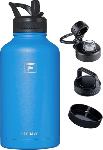 Fanhaw 64 oz Insulated Water Bottle – Large Stainless Steel Jug with 3 Lids (Straw, Spout, Carabiner) | Heavy-Duty, for Camping, Backpacking, Long Hikes & Outdoor Work (Sky Blue)