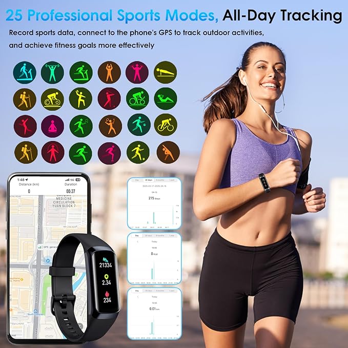 Fitness Tracker, 24/7 Heart Rate Blood Oxygen Blood Pressure Body Temp Monitor Sleep Calorie Tracker with 1.1" AMOLED Touch Color Screen Pedometer Smart Watch Waterproof for Women Men