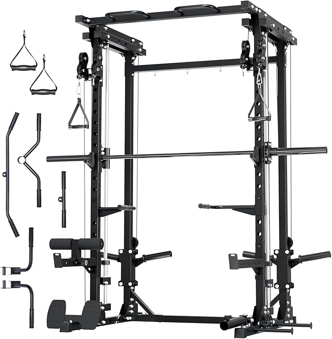 MAJOR FITNESS Drone3 Smith Machine, 2500lbs All-in-One Home Gym Power Rack with Dual Pulley System for Cable Crossover, Pull-Up Bars