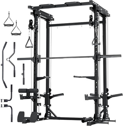 MAJOR FITNESS Drone3 Smith Machine, 2500lbs All-in-One Home Gym Power Rack with Dual Pulley System for Cable Crossover, Pull-Up Bars