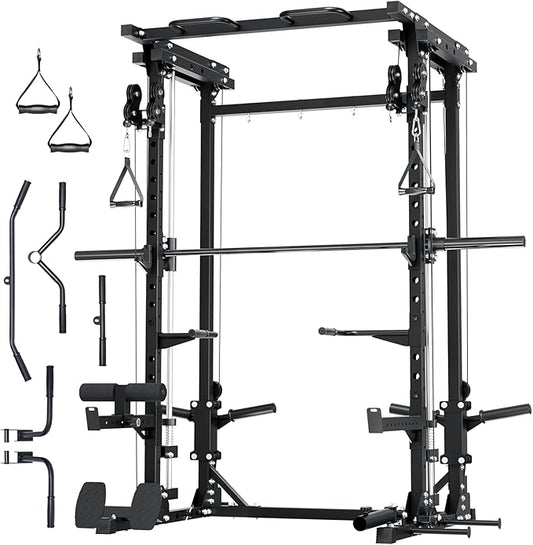 MAJOR FITNESS Drone3 Smith Machine, 2500lbs All-in-One Home Gym Power Rack with Dual Pulley System for Cable Crossover, Pull-Up Bars