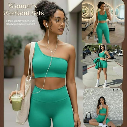4 Pcs Women's Workout Sets Pilates Exercise Outfit Ribbed Scoop Neck Sports Bra Shorts Leggings Gym Clothes Set