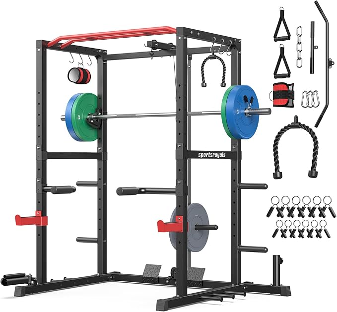 Sportsroyals Squat Rack, LAT Power Cage, Power Rack Multi-Function with Pulley System and Training Attachments for Home Gym