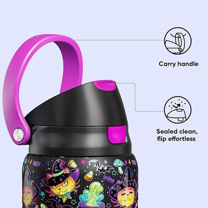 Encool SwiftSip Insulated Stainless Steel Water Bottle with Straw - Leak Proof Sports Water Bottle for School, Travel, Keeps Cold All Day, One-Touch Flip Lid, BPA-Free, 32 oz, Meowgic Night