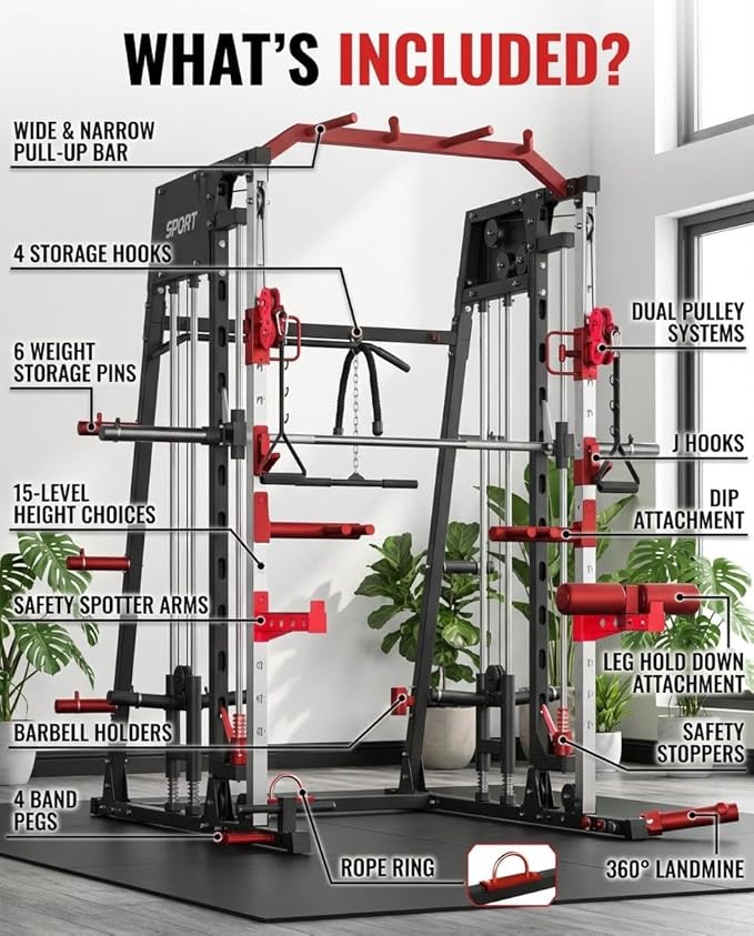 Smith Machine Home Gym All-in-1, 2200LBS Power Cage with Dual Cable Pulley Systems, LAT Pull-Down & Leg Hold-Down | Complete Strength Training Equipment for Full Body Workouts
